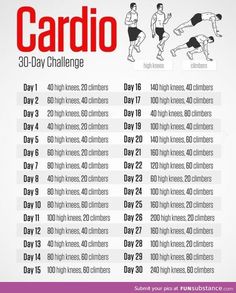 the cardio 30 - day challenge is shown in red and white with an image of a