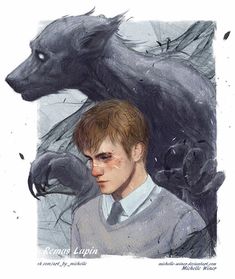 a drawing of a young man and a wolf with one staring at the other side