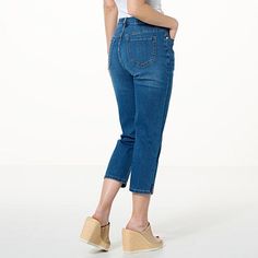 Jaclyn Smith Stretch Denim Cropped Jean   Warmer temps have us reaching for cropped bottoms, and these jean capris are a top choice for sunny days. Fitted to your shape with a soft and stretchy denim fabric and with the traditional styling of your favorite well-worn jeans, this pair will be your most versatile pair yet. Worn Jeans, Jean Capris, Jaclyn Smith, Shank Button, Capri Jeans, Draped Fabric, Pocket Jeans, Fashion Colours, Denim Fabric