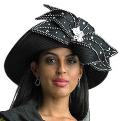 Introducing the Lily And Taylor H392-BLK Church Hat, a stunning accessory designed to complete your ensemble for any notable event. This hat showcases impeccable craftsmanship paired with a classic sense of style. Constructed from high-quality materials, it promises both resilience and comfort, allowing for repeated use at various gatherings, from church services to weddings. The hat features an eye-catching arrangement of faux pearl and shimmering rhinestone embellishments that catch the light Chic Formal Hat With Flat Brim, Chic Formal Flat Brim Hat, Elegant Black Headpiece For Party, Black Formal Costume Hat With Curved Brim, Black High Crown Hat For Evening, Formal Black Costume Hats With Curved Brim, Formal Black Brimmed Costume Hats And Headpieces, Formal Black Brimmed Costume Hat, Black Top Hat With Short Brim For Formal Occasions