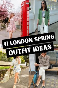 four different photos with the words london spring outfit ideas