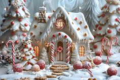 a gingerbread house with candy canes and christmas trees in the snow, surrounded by cookies