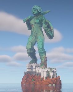 a large statue made out of legos in the middle of the ocean with clouds behind it