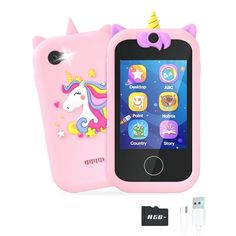 a pink case with a unicorn on it and an earphone plugged into the charger