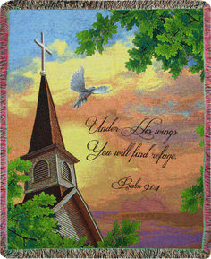 a tapestry with an image of a church steeple and a dove flying over it