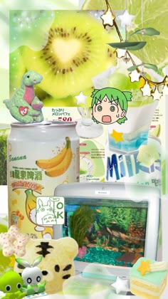 an anime collage with various items including a fish tank, teddy bear and other things