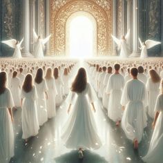 a group of women dressed in white are standing in front of an open doorway with angel wings