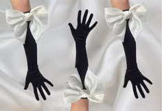 "White 3D bow on black velvet gloves, satin bow long glove, opera length statement gloves, Hollywood style party wedding drag glamorous  Perfect gift U.K. 1st class signed for postage Signed/ tracked and signed international shipping Simple and classy I have other beautiful gloves on my shop Please note: the ring is not included, this is just to show you that you can wear jewellery over the top These are a one size fits most, please check measurements in the photos. Please note: we do NOT accept returns on gloves due to hygiene reasons - we post ASAP with 1st class postage, Royal Mail seem to be back to their normal service for most areas. If you need these for a specific date please purchase \"express\" postage at check out, this is for Special Next Day by Royal Mail. International orders Gloves For Prom, White Satin Outfit, Long Gloves Aesthetic, Lace Gloves Outfit, Gloves With Rings, Long Gloves Outfit, Black Gloves Aesthetic, Arm Length Gloves, Cool Gloves