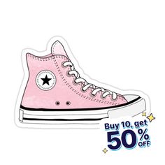 a pink shoe sticker with the words buy 10 get 50 % off on it