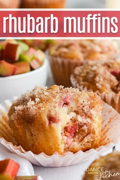 rhubarb muffin with a bite out of it sitting on a muffin liner Rhubarb Crisp Muffins, Old Fashioned Rhubarb Pie, Rubarbe And Strawberry Recipe, Sour Cream Rhubarb Muffins, Rhubarb Cinnamon Muffins, Rhubarb Crumble Muffins, Rhubarb Oat Muffins, Rhubarb Sour Cream Muffins, Rhubarb Raspberry Muffins