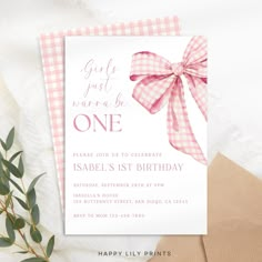 a pink and white gingham bow birthday card with the words girls just wanna be one