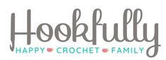 the happy crochet family logo is shown in grey and blue letters that read, hooffully