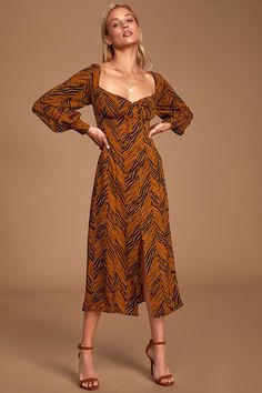 Pretty Midi Dresses, Living In Harmony, Lace Up Bodycon Dress, Zebra Print Dress, Dress Shopping, Long Sleeve Print Dress, Rust Orange, Mod Dress, Sleeve Midi Dress