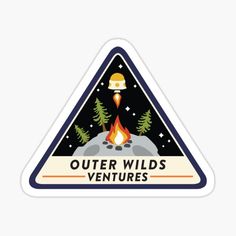 the outer wild's adventures sticker is shown in black and white with an orange fire