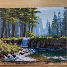 a painting of a waterfall in the woods