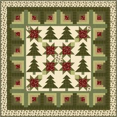 a green and white quilt with trees on the front, two red flowers in the center