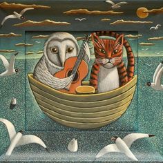 an owl and cat are in a boat with seagulls