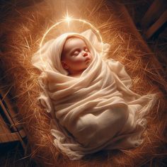 a newborn baby wrapped in a blanket laying on top of hay with the light shining through it