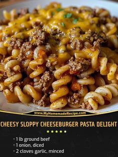 cheeseburger pasta delight is served on a white plate