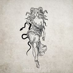 a drawing of a woman holding a snake