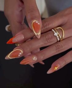 Nails For Orange Hoco Dress, Classy Nails For Wedding Guest, Trending Orange Nails, Out Of The Box Nail Designs, Thanksgiving Inspo Nails, White Artsy Nails, Olive June Nail Art, Builder Gel Fall Nails, Hawaii Vibe Nails