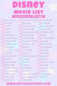 the disney movie list is shown in pink and blue