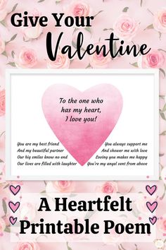 a valentine poem with pink roses and hearts