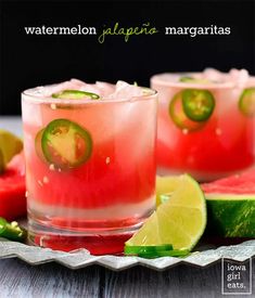 watermelon and jalapeno margaritas with lime garnish