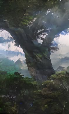 an artistic painting of a tree in the middle of a forest with mountains and fog