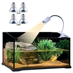 an aquarium with three lights on it and some plants in the tank next to it