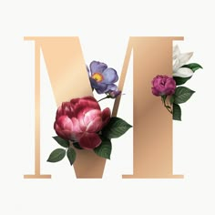 the letter m is decorated with flowers and leaves