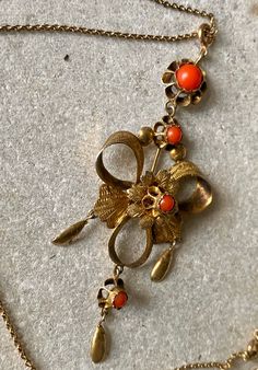 Beautifu Circa 1800s Victorian Gold Gilt Red Coral Bow Antique Necklace Elegant Orange Brooch Jewelry, Antique Formal Necklace With Brooch, Antique Formal Necklaces With Brooch, Antique Necklace With Brooch For Formal Occasions, Orange Victorian Jewelry For Formal Occasions, Orange Brooch Jewelry For Formal Occasions, Formal Orange Brooch Jewelry, Antique Orange Jewelry For Wedding, Red Victorian Jewelry For Ceremonial Occasions