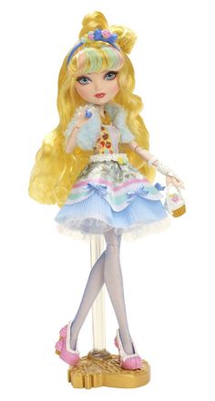 a doll with blonde hair and blue dress standing on a wooden stand holding a purse