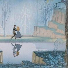 a painting of two people walking in the woods with trees and water on either side