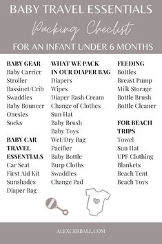 the baby travel essentials list for packing under 6 months, including clothes and diapers