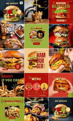 a series of photos showing different types of burgers and french fries, with the words hamburger