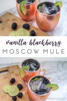 two copper mugs filled with blackberries and lime