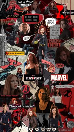 the poster for black widow is shown with many different images and words on it's side