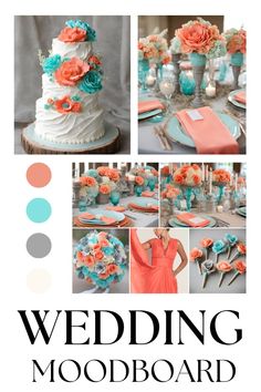 wedding mood board with orange and blue flowers