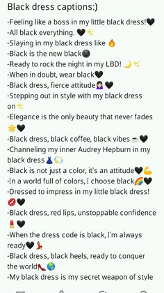 the text on this page says, black dress captions