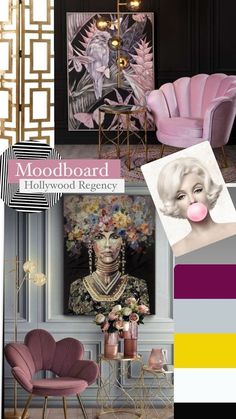 the mood board is filled with different colors and furniture, including pink chairs, gold chandel