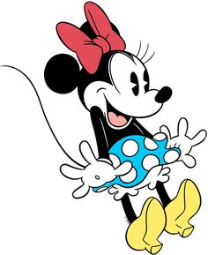 a cartoon mickey mouse with a red bow on its head and blue polka dot ball in his hand