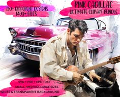 a man is playing the guitar in front of an old car and pink paint effects