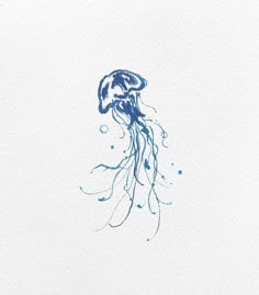 a blue ink drawing of a jellyfish on white paper with water droplets and bubbles