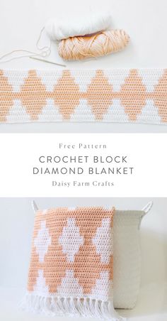 the crochet block diamond blanket pattern is shown in orange and white, along with a ball of yarn