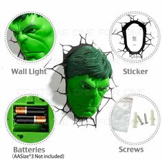 the avengers movie wall light has green hair and is next to it's batteries