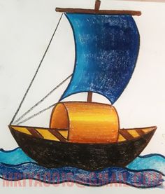 a drawing of a sailboat with blue sails