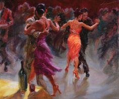 a painting of two people dancing in front of other people on the dancefloor