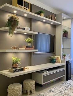 a living room filled with furniture and lots of plants on top of it's shelves