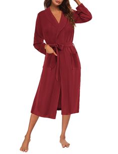 PRICES MAY VARY. SOFT AND FLUFFY: Designed with comfort in mind, Ekouaer women's bathrobe is soft and gentle on the skin, yet fluffy enough to give you the comfort you deserve at all times. Made from high-quality plush material, comfortable fabric lets you fully enjoy a cozy time at home FASHIONABLE DESIGN: An elegant kimono style bathrobe with a belted waist ensures a secure and flattering fit for any body type. With a turndown collar design, front pockets, long sleeves, and a calf-length cut, Knit Kimono, Elegant Kimono, Womens Bathrobes, Knit Loungewear, Robes For Women, Kimono Style, Turndown Collar, Collar Designs, Kimono Fashion